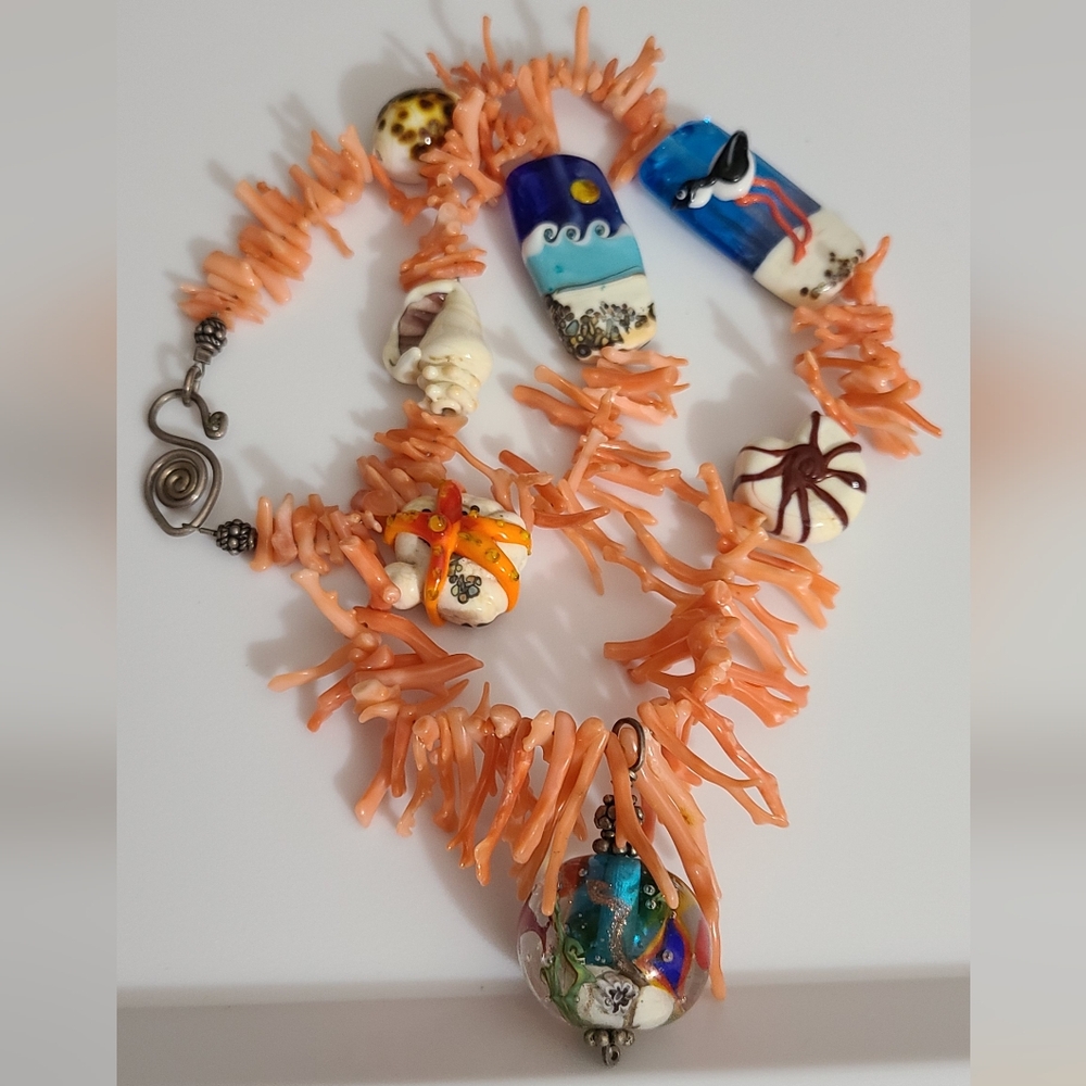 925 Aquarium Branch Coral Murano Art Glass Necklace Fish Handmade Italy Exquisit